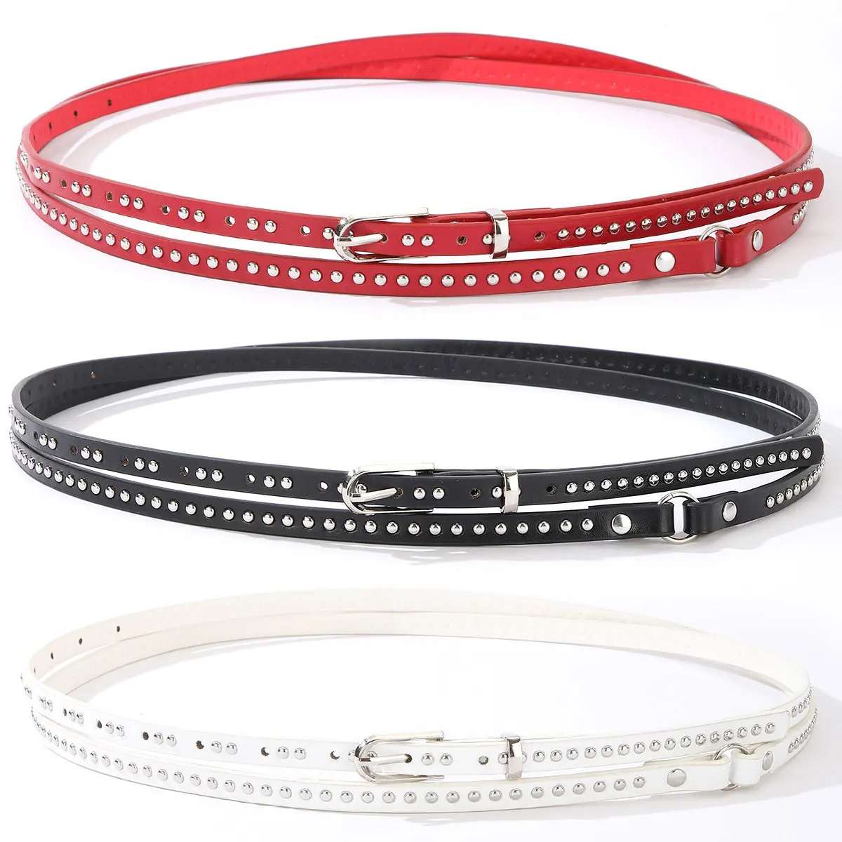 Women Punk Fashion Double Layer Studded Belt Versatile Hollow Out Eyelet Belt For Dress Jeans Hot Girl Waist Accessories