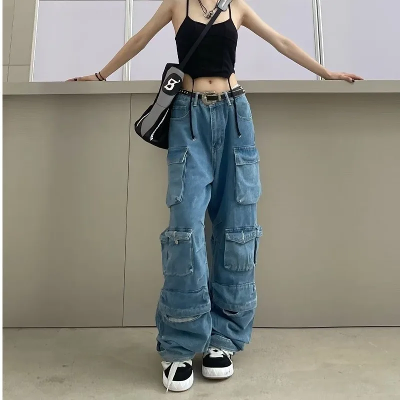 Pocket Solid Color Overalls Jeans Women\'s Y2K Street Retro Loose Wide-Leg Overalls Couple Casual Joker Mopping Jeans Pants Women