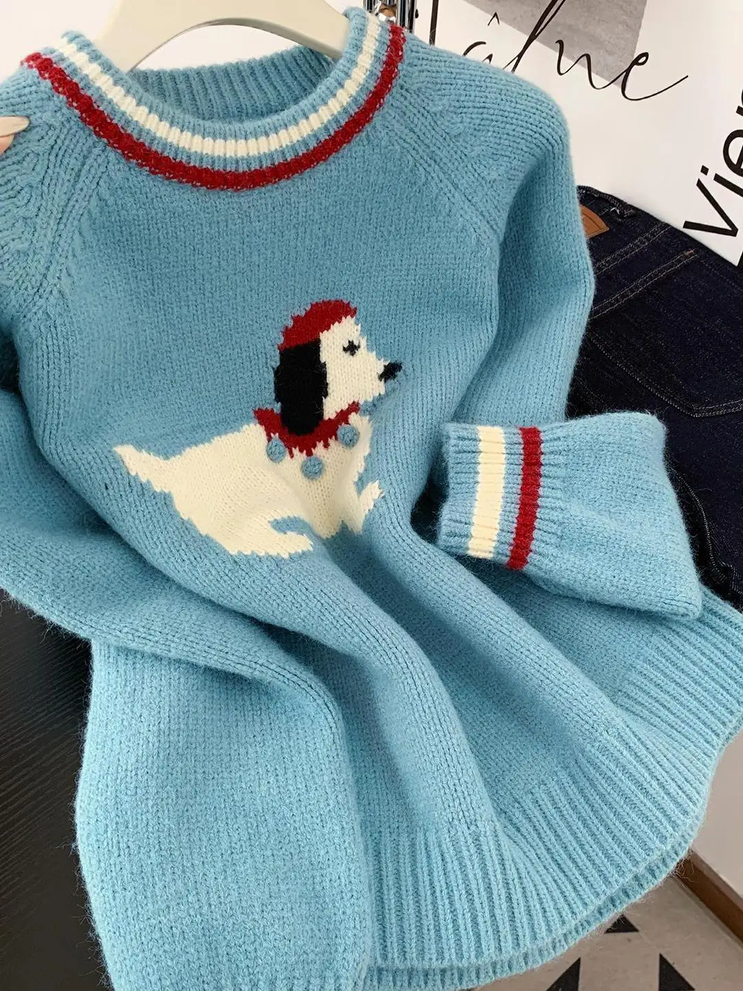 

Cartoon Dog Embroidery Design Thickened round Neck Knitted Sweater Women's Loose Fit Autumn Winter Style Warm Knitwear