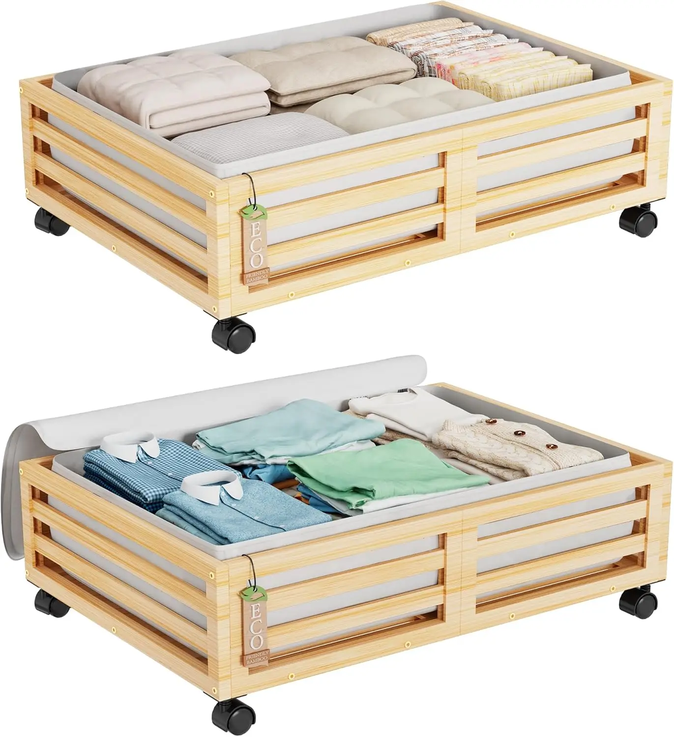 

Bamboo Under Bed Storage Containers- Underbed Organizer With Wheels With Large Dust Bag,Sturdy Wood Rolling Under The Bed Shoe