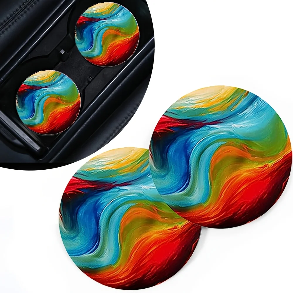 2-pack Car Cup Holder Coasters, Cool, Colorful, And Psychedelic Rainbow Tie-dye Style, With Abstract Decorative Patterns, 2.75-