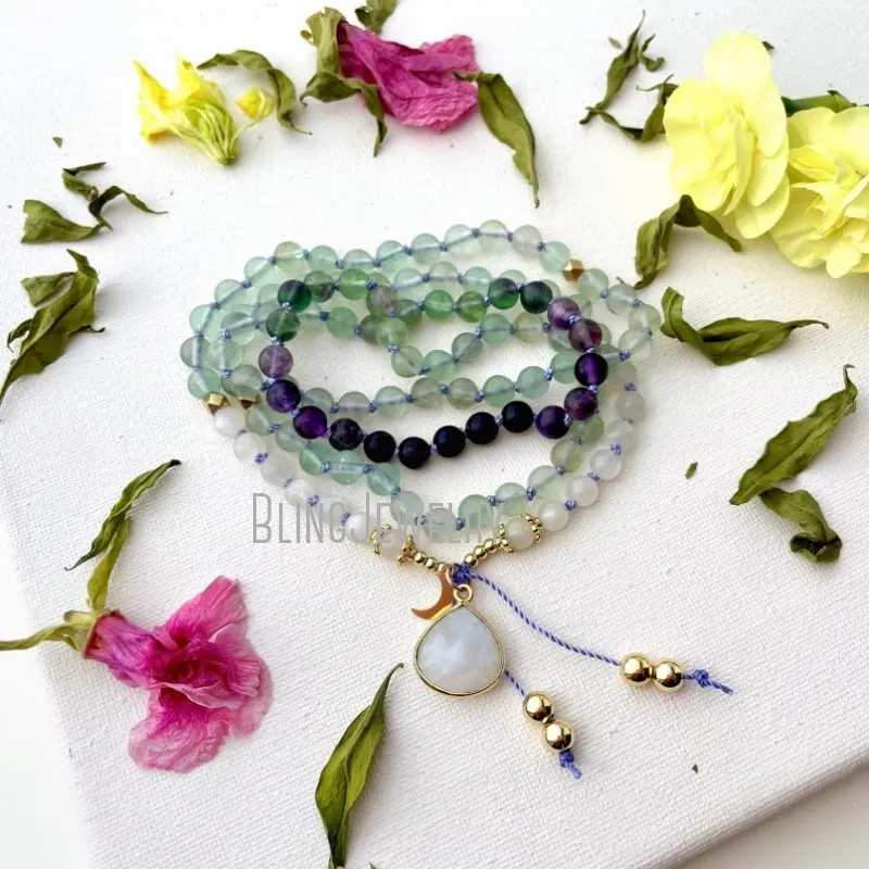 MN43570 Mala Beads Necklace With Moonstone Rainbow Fluorite 108  Prayer  Yoga Gift