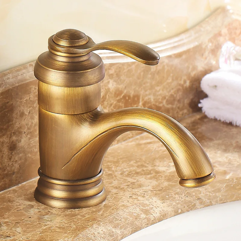 

Bathroom Faucet Antique Brass Countertop Mount Hot and Cold Water Single Handle Vanity Sink Mixer Faucet Bronze Mixer