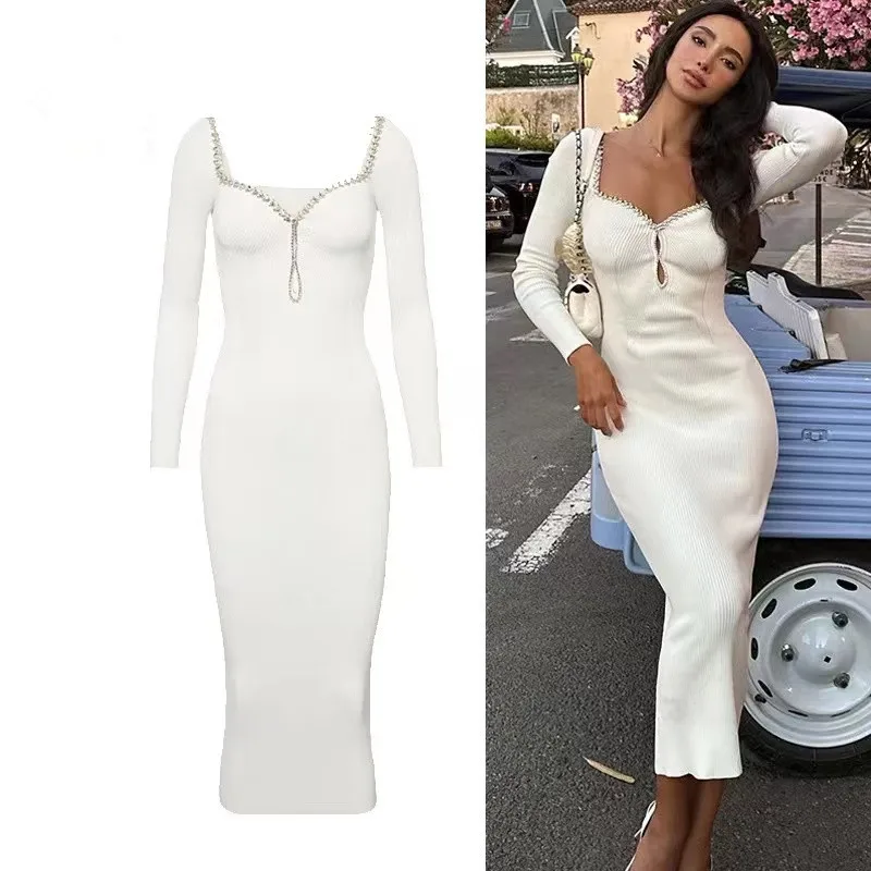 French Elegant Spring Diamonds Chain Square Collar Sweater Dress Chic Women White Sexy Hollow Out Knitted Sheath Club Midi Dress