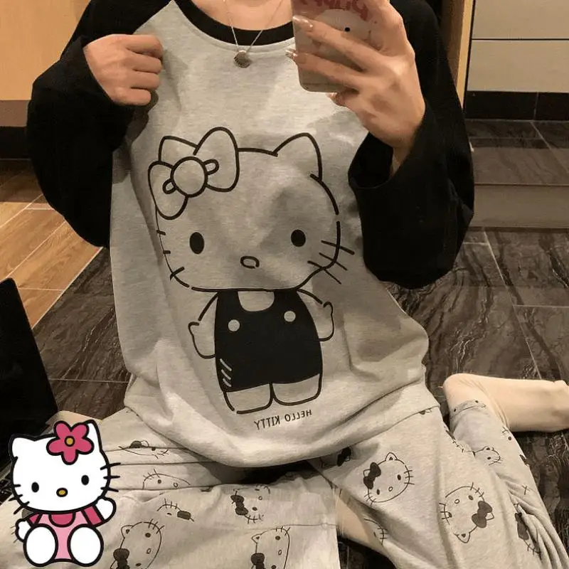 

Sanrios Hello Kittys Women's Pajamas Pants Anime Cartoon Summer Student Short Sleeve Trousers Loungewear Set Girl Nightwear Gift
