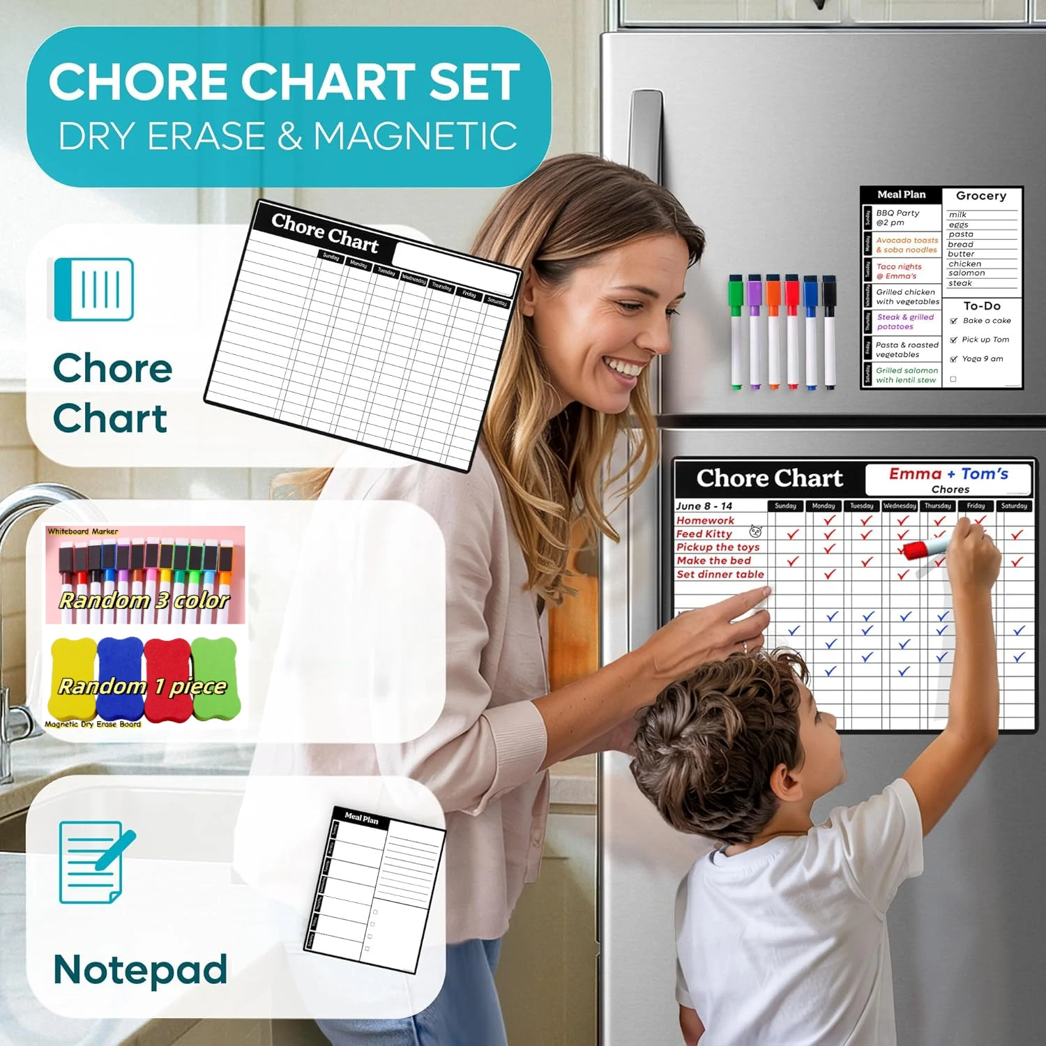 Magnetic Chore Chart Dry Erase Whiteboard Set - Pocket Charts, Teens & Adults (15x 11.5), Daily To-Do, Grocery, Notes (9x 7) -Be