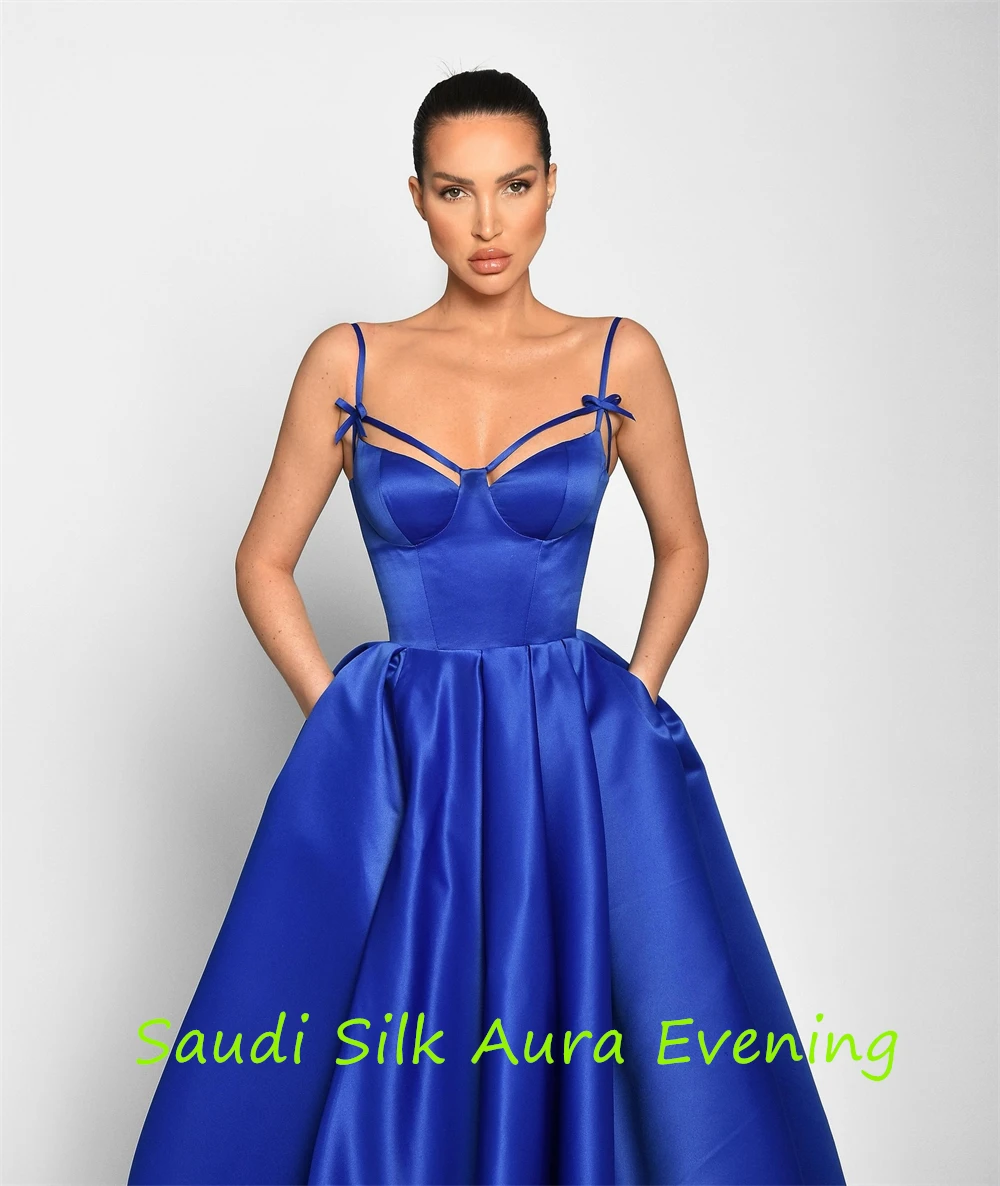 Customized Customized Delicate Navy Blue Satin Evening Dress Square Collar Spaghetti Straps Sleeveless Homecoming Dress Bow Part