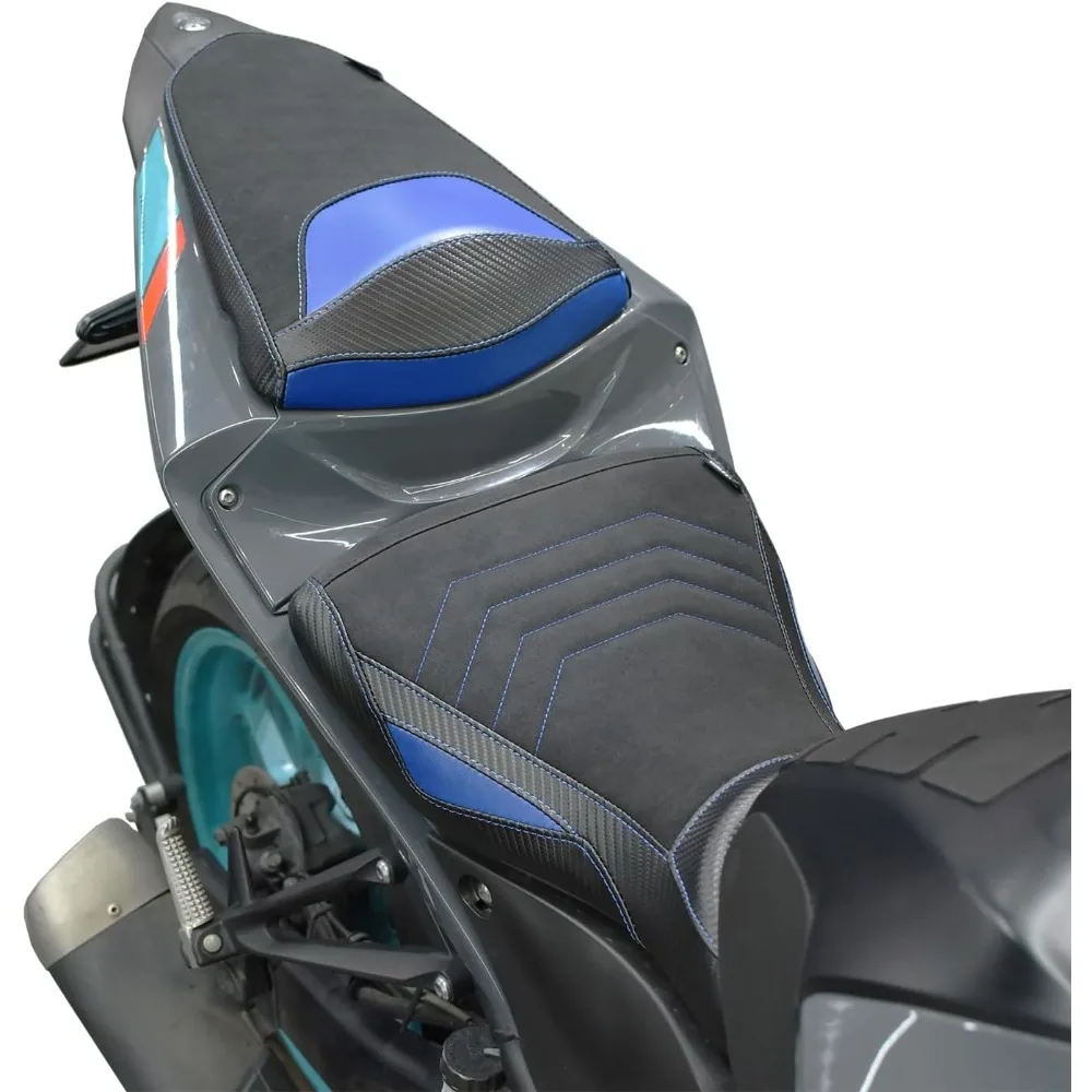 Motorcycle Leather Front Rider Saddle Solo Rear Passenger Seat Cushion Pillion Pad Compatible with MT-03 YZF-R3 2015-2024, Blue