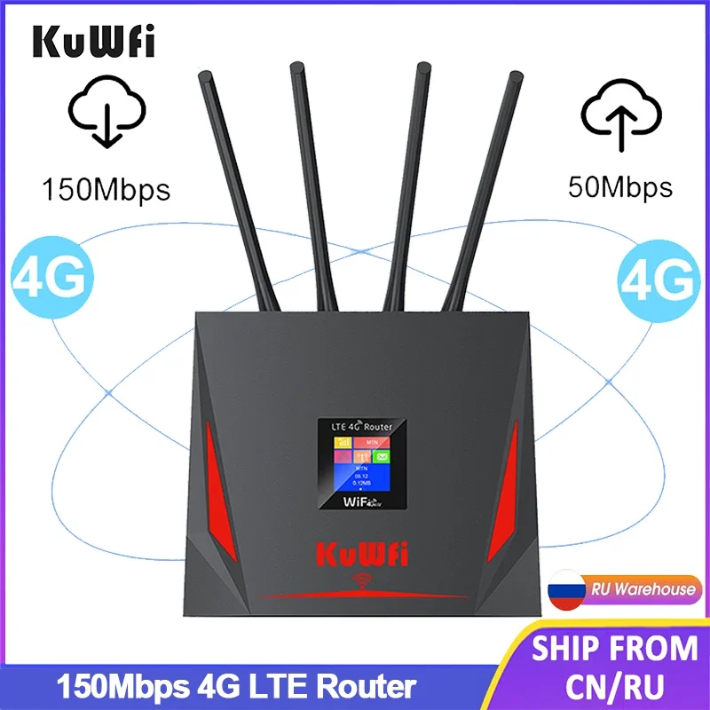KuWFi 4G LTE Router 150Mbps Wireless Wi-Fi Router with RJ45 WAN LAN Port Wired Mode External Antennas USB Port Power Supply