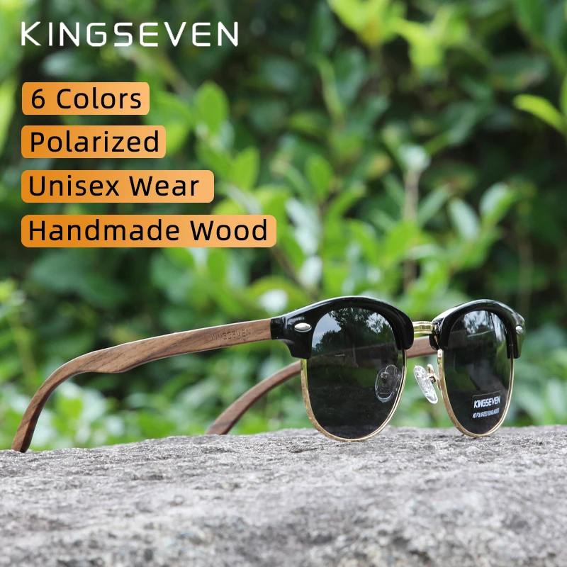 KINGSEVEN Quality Upgrade Handmade Walnut Wooden Sunglasses Men Polarized Semi-Rimless UV400 Protection Retro Eyewear Women