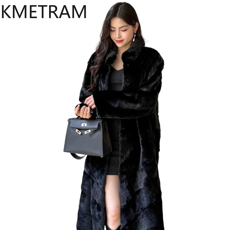 KMETRAM 100% معاطف فرو المنك الكاملة المخملية الطبيعية ملابس نسائية طويلة معطف فرو حقيقي للشتاء الأسود 2025 ملابس خارجية جديدة أربعة