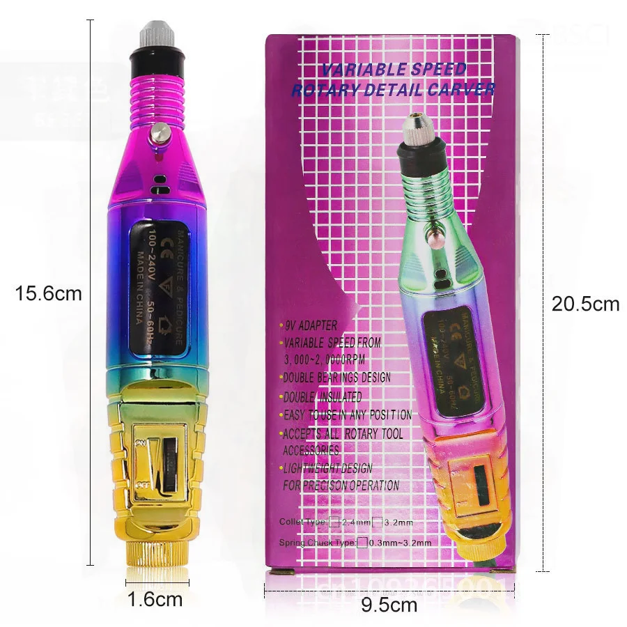 Przenośna elektryczna frezarka do paznokci, narzędzie do manicure, polerka do paznokci, kolorowa nowość, zgodna z normami USA i UE.