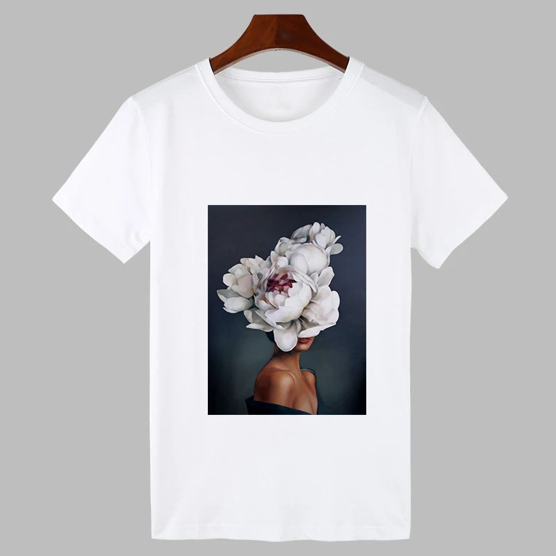 2020 Sexy Flowers Feather Print Harajuku T shirt Women Fashion Tshirt O-neck Short Sleeve T-shirt White Tops Female Clothing