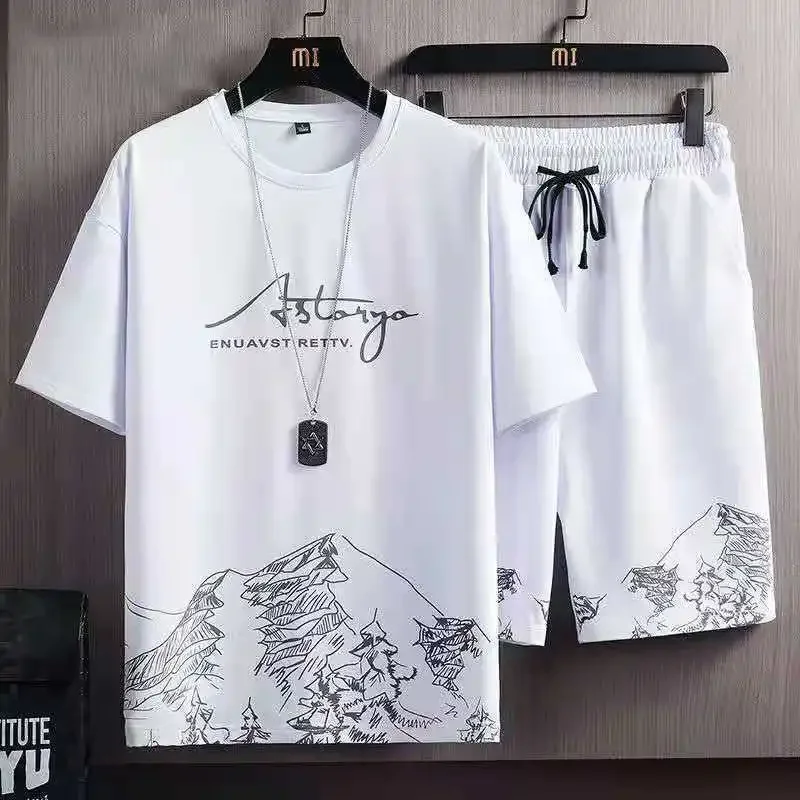 Casual Summer Sports Suit For Men Ice Silk Short Sleeve T-shirt Shorts 2-piece Set Trendy 2022 New Arrival