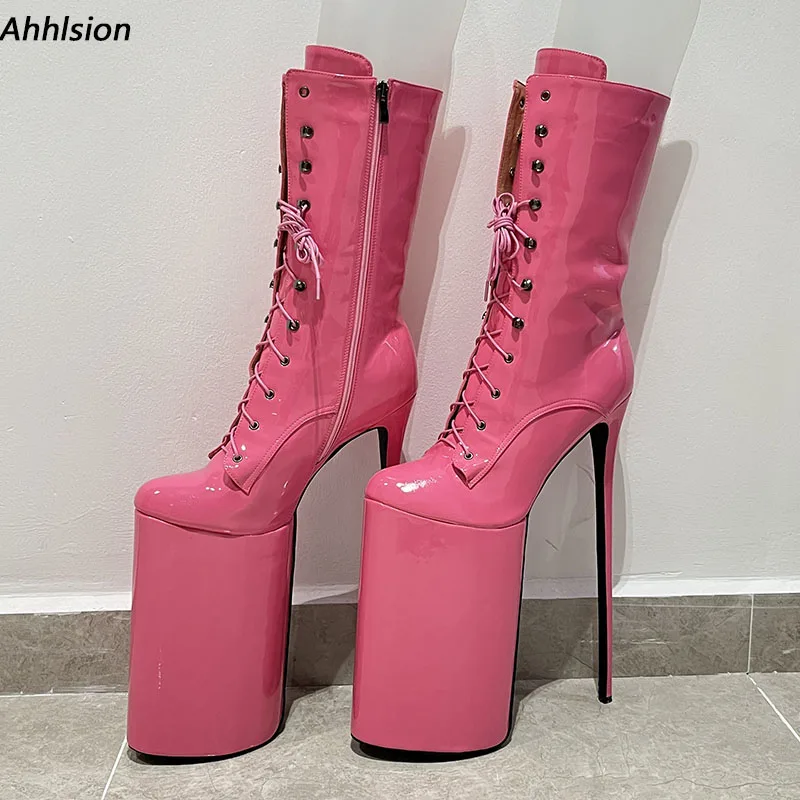 Ahhlsion New Women Winter Mid Calf Boots Ultra High Heels Round Toe Beautiful Pink Red Cosplay Shoes Ladies US Plus Size 7-15