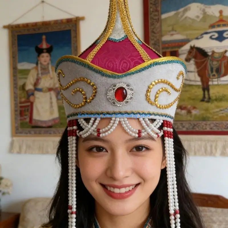 

573B Traditional Mongolian Hat Breathable Headwear For Stage Shows Cultural Event