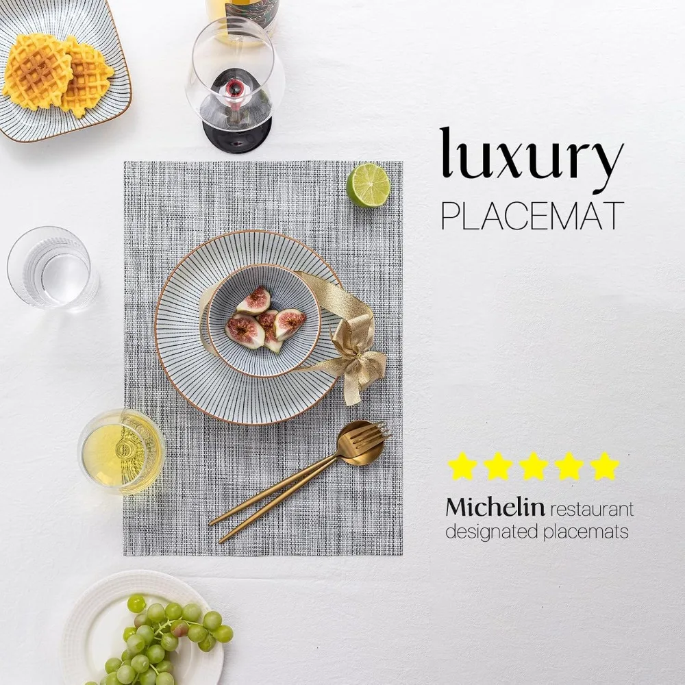 Woven Placemats Set of 4 - Vinyl Washable Placemats for Kitchen Table, Indoor/Outdoor Use, Easy Clean Wipeable Dining Table Mats, Gray