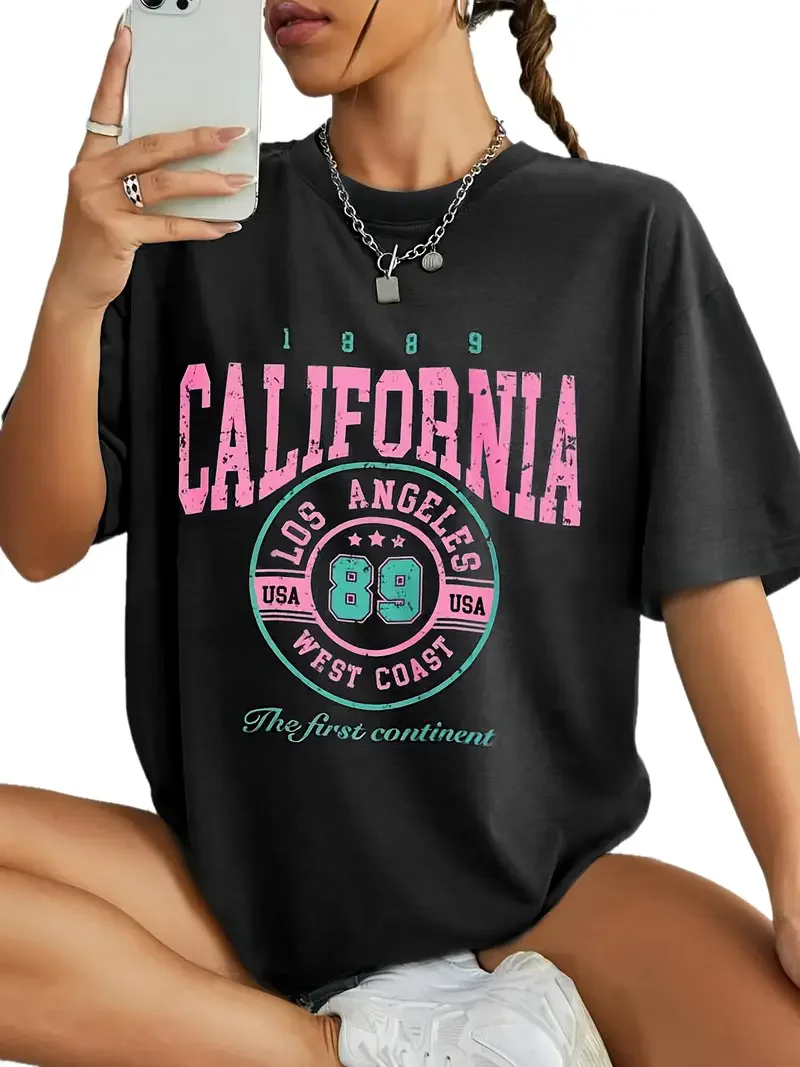 

Fashion Letter Printed T-shirt Crew Neck Los Angeles Women's Unisex Short-sleeved Retro Street Y2K Casual Tops Clothing