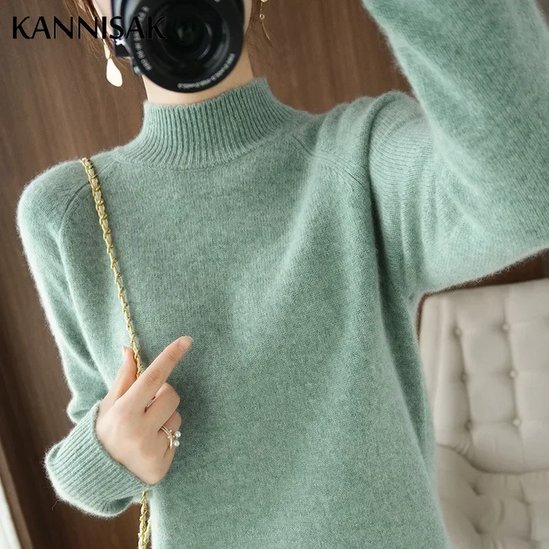 

2024 Autumn Winter Thick Warm Sweater Women Half High Collar Cashmere Sweater Korean Solid Green Casual Basic Pullover Knitwear