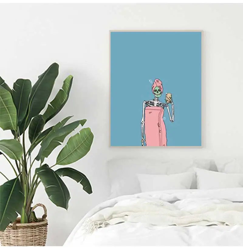 1pc frameless Skeleton Canvas Print and Poster, Funny Toilet Wall Art, Bath Bubble, Skull Retro Pictures, Halloween Decoration