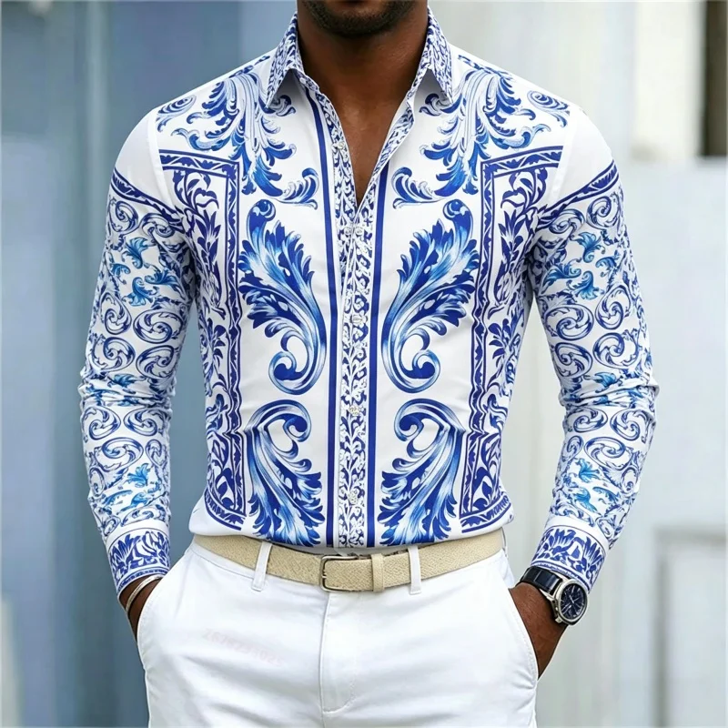 Men's Shirt Long Sleeve Spring Autumn Blue White Baroque Scroll Frame Print Lapel Button‑Up Street Business Top Mens Clothing