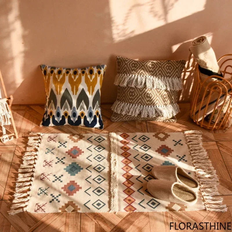 Retro Bohemian Hand Woven Tassel Carpet for Home Living Room Bedside Window Linen Rug Table Runner Door Mat Home Decor
