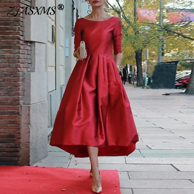 2025 Spring Fashion Solid Gowns Evening Dress Women Crew Neck Hem A-Line Long Dress Autumn Elegant Half Sleeve Pocket Boho Dress