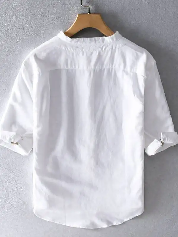 

Summer Threequarter Sve Cotton Linen Mens Shirt Loose Fit PU Leather Fake Two Piece Cleanfit Stand Collar Inner Wear Striped ...