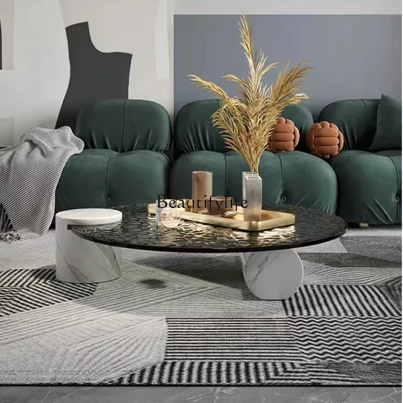 

ls 42Light luxury water corrugated tempered glass coffee table marble modern simple Italian minimalist coffee table round