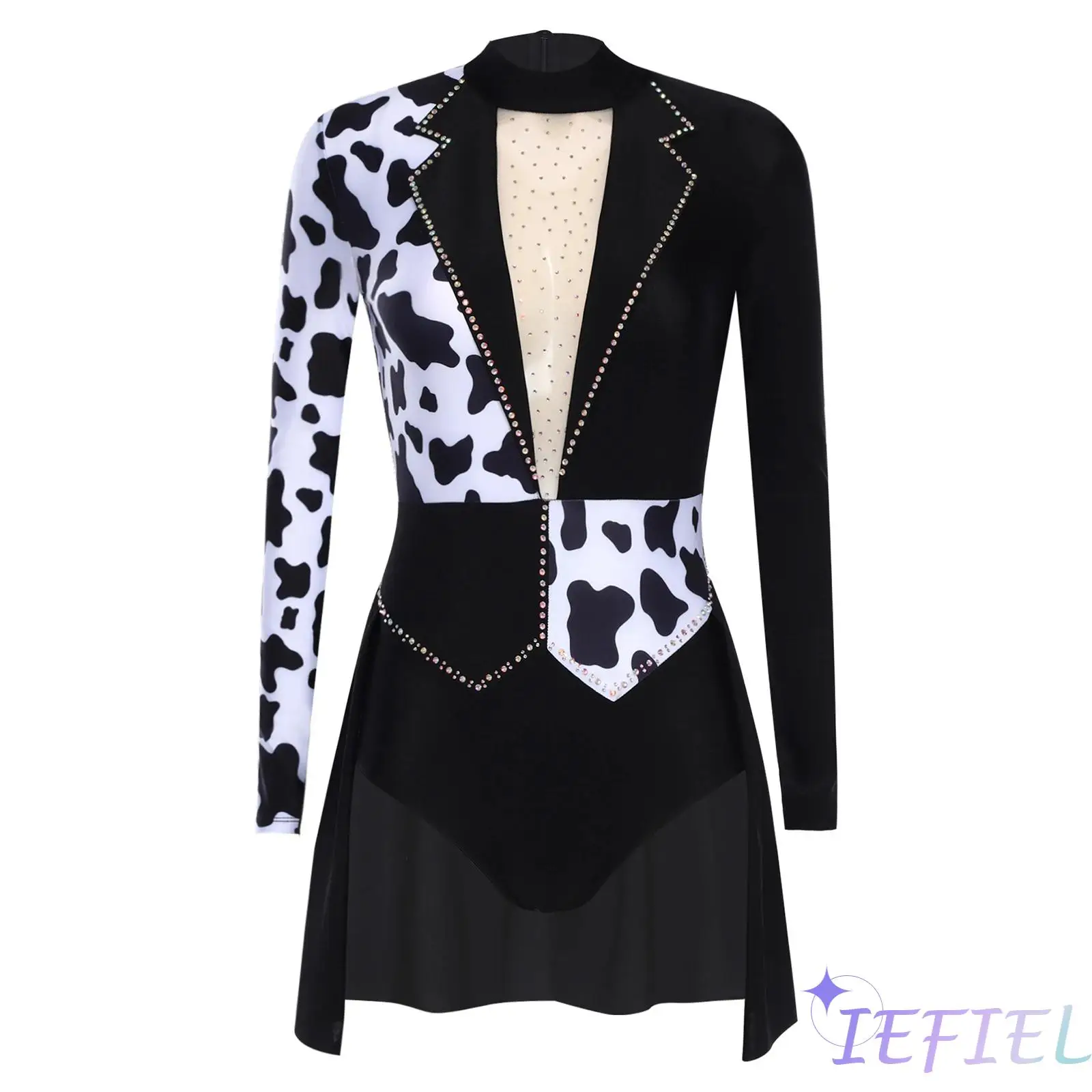 

Womens Devil Witch Shiny Bodysuit Dress Spotty Contrast Color Open Front Leotard Skirt for Halloween Evil Clown Masquerade Party