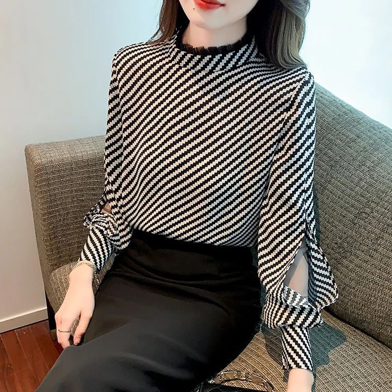 Women Korean Fashion Stand Collar Mesh Patchwork Blouses Elegant Chic Striped Print Shirts Long Sleeve Loose Tops Blusa De Mujer