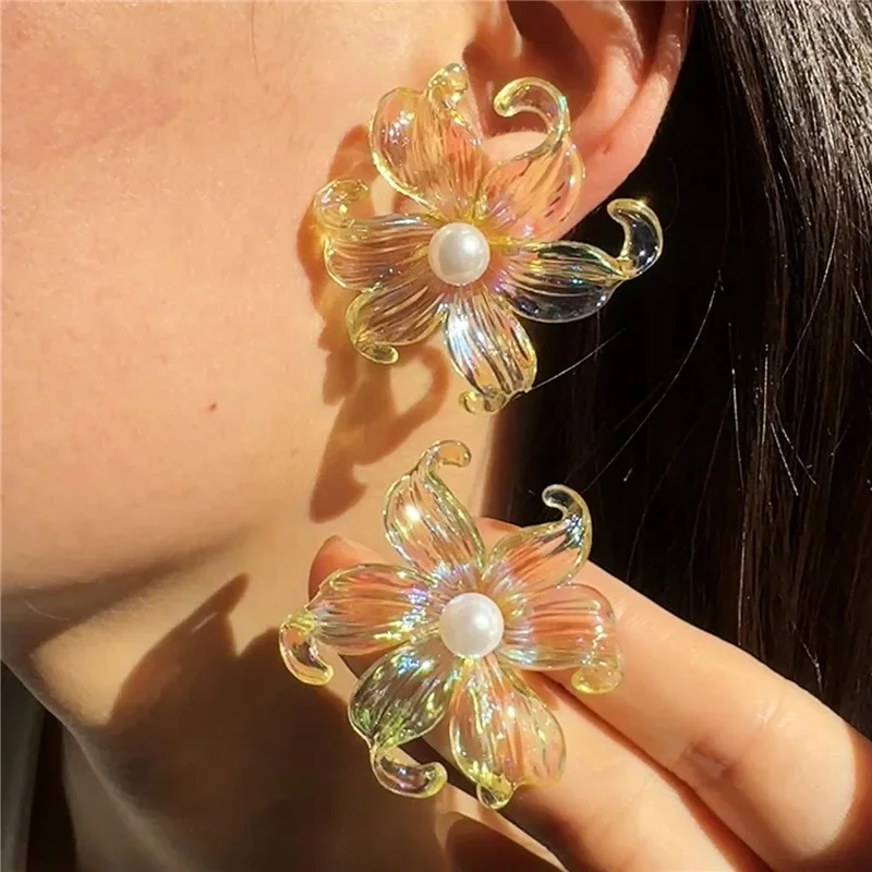 Large Flower Iris Transparent Crystal Imitation Pearl Stud Earring for Women Purple Pink Green Color Jewelry Christmas Gift