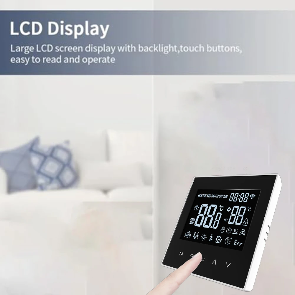 Smart Thermostat Featuring Custom Scheduling through App Wide Temperature Range and LCD Screen for Precise Heating Regulation