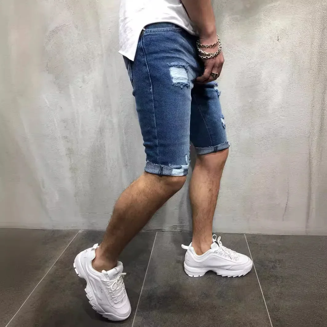 New Denim Capris Holes Slim Fit and Slimming Effect New Mens Shorts