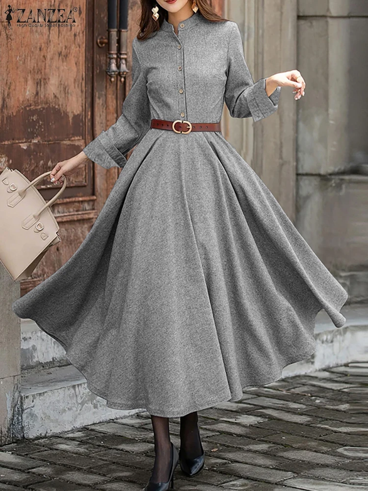 Herbst Kleid Frauen Stehen Neck Mode Langarm Sommerkleid 2025, ZANZEA Casual Lose Robe Einfarbig Elegante Büro Vestidos
