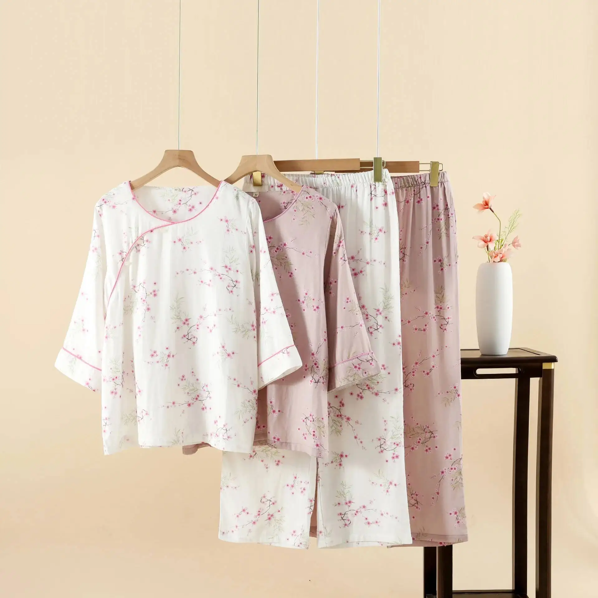 طقم بيجامات نسائي من نسيج الخيزران على الطراز الوطني لفصل الربيع والصيف رقيق بأكمام تسعة أرباع بلوفر بدلة باما