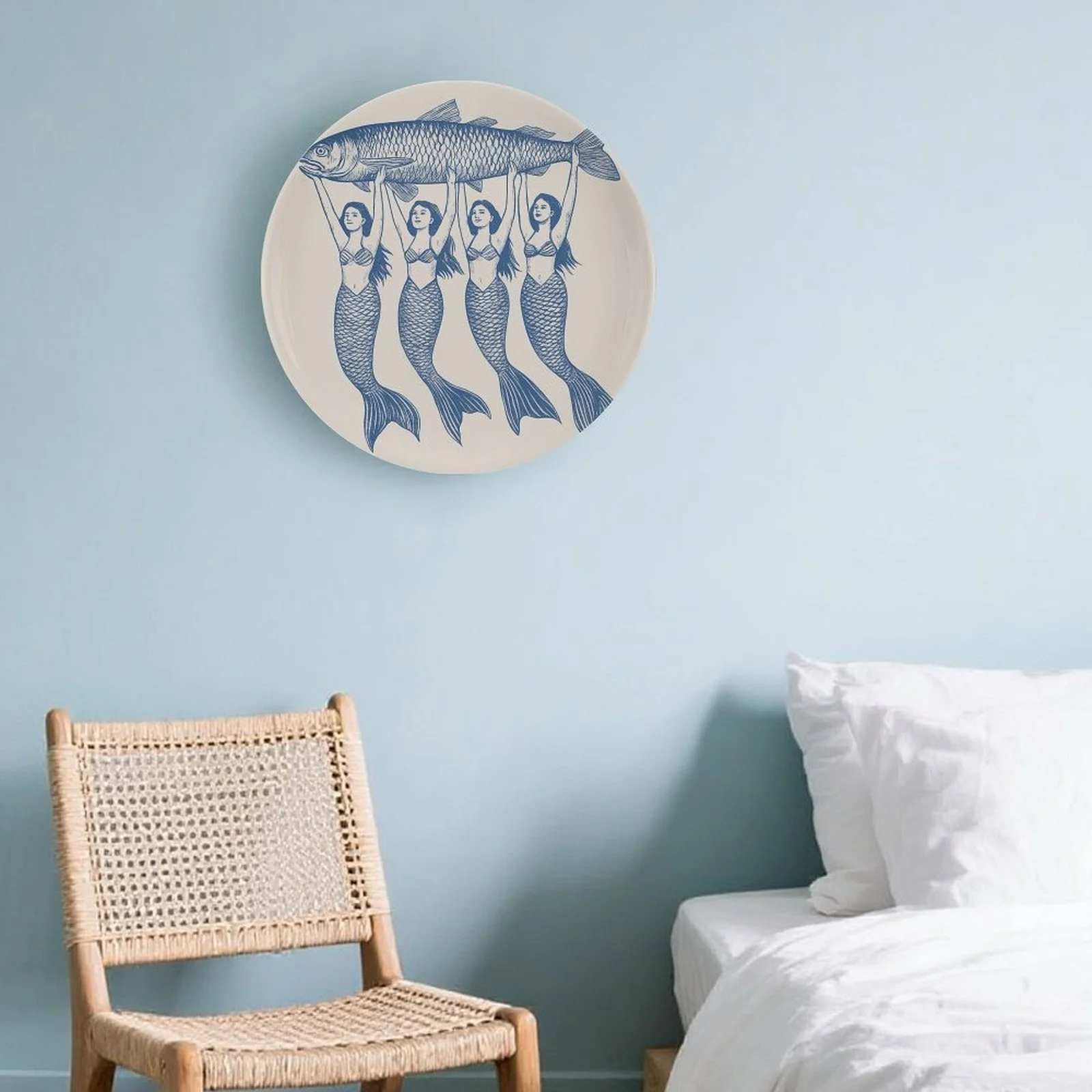 1pc Mermaid Holding Fish Wall/Table Plate - Nautical-Themed Round Decorative Dish with Hanging Holes, Non-Food Contact Ocean