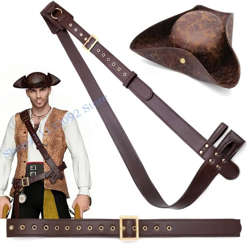 

H9ED 3Pcs Vintage Pirate Bandolier Belt And Hat Combo Adjustable Design For Cosplay Costume Enthusiasts