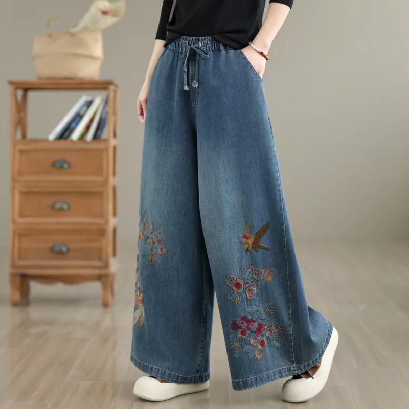 Casual High Waist Wide Leg Jeans Cotton Washed Blue Embroidered Floral Loose Fit Slimming Effect Comfortable Casual Jeans