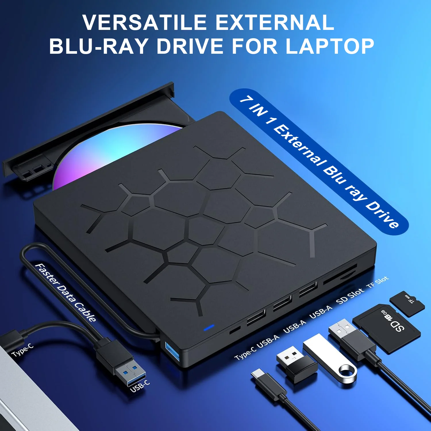 Externes Blu-Ray-Laufwerk mit 4 USB-Anschlüssen und TF/SD-Kartensteckplatz, USB 3.0/Typ-C Blu-Ray-Brenner, tragbarer BD-DVD-CD-Player für Laptop