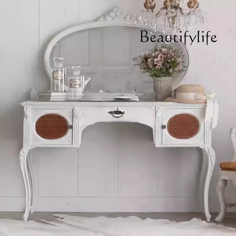 French retro dresser solid wood rattan makeup table American antique bedroom white princess desk designer