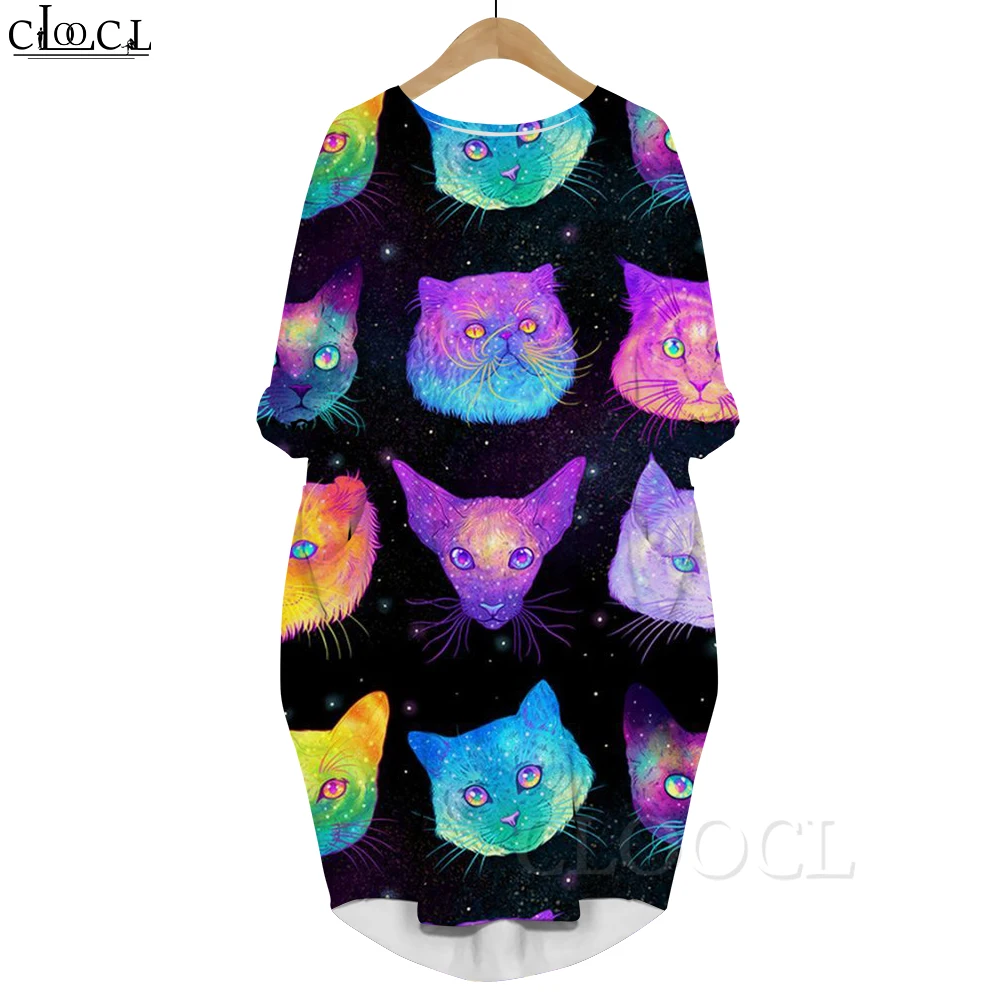 

CLOOCL Fashion Cartoon Women Summer Dress Watercolor Cat 3D Printed Loose Daughter Dress Female Gown Long Sleeve Pocket Dresses