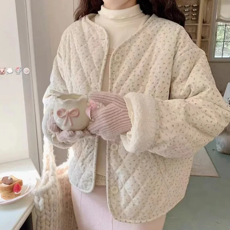Chaqueta elegante de pana floral para mujer, top coreano de algodón de manga larga con cuello redondo y corte holgado, chaqueta cálida y versátil para otoño e invierno