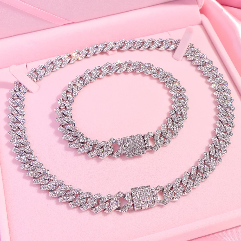 

14MM Silver Color Prong Miami Cuban Link Chain Necklace For Women Hip Hop Iced Out Square Cuban Link Choker Wedding Jewelry Gift