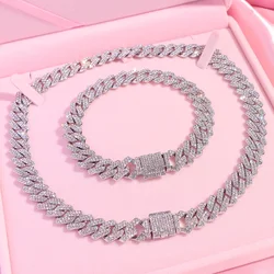 14MM Silver Color Prong Miami Cuban Link Chain Necklace For Women Hip Hop Iced Out Square Cuban Link Choker Wedding Jewelry Gift