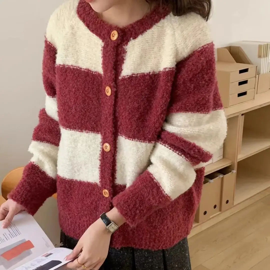 Hsa Striped contrast color sweater cardigan for women 2024 early spring new Korean style lazy loose high-end soft knitted coat