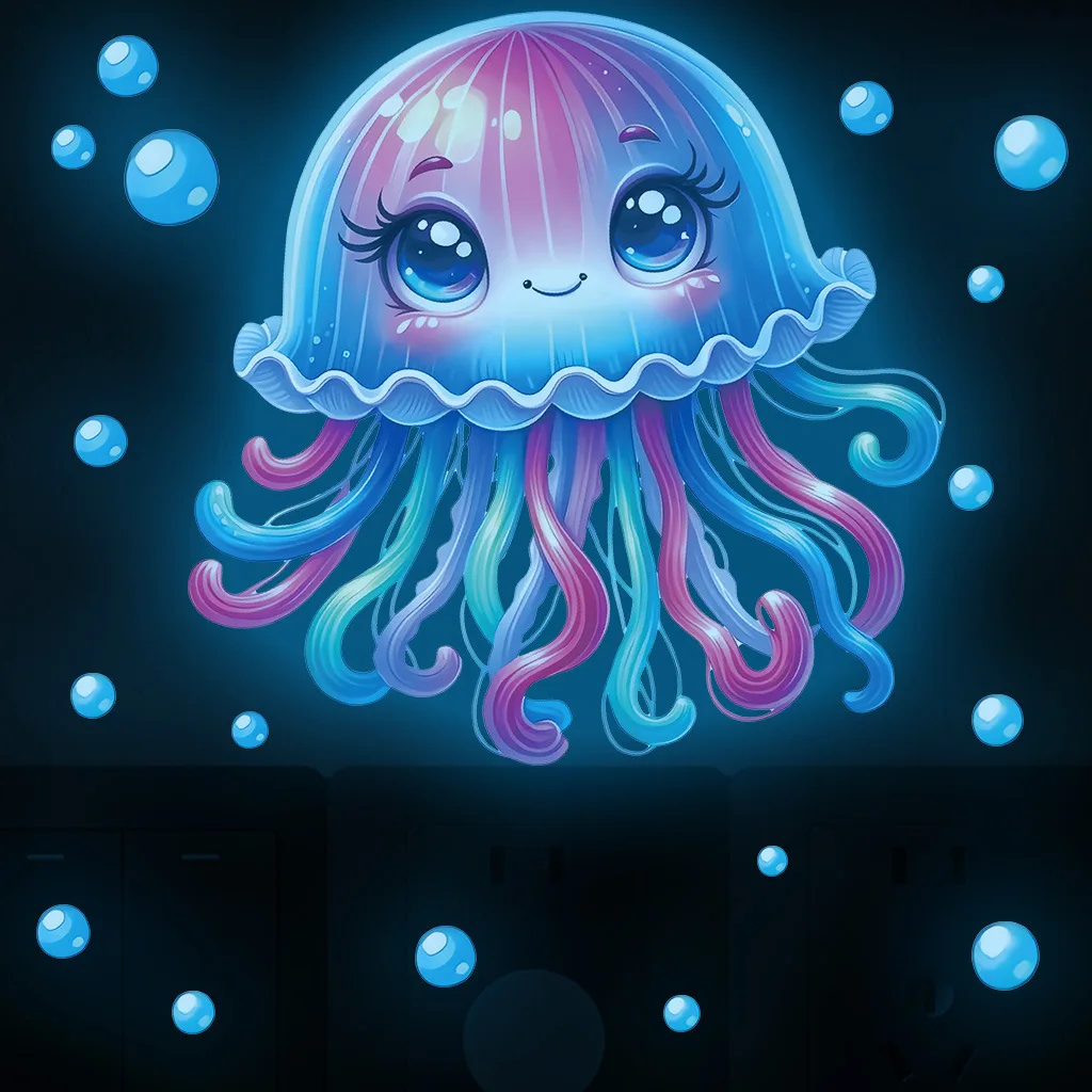 Glow in the Dark Jellyfish Dolphin Wall Stickers Luminous Ocean Theme Decals For Kids Room Decor Removable Self-Adhesive Sticker
