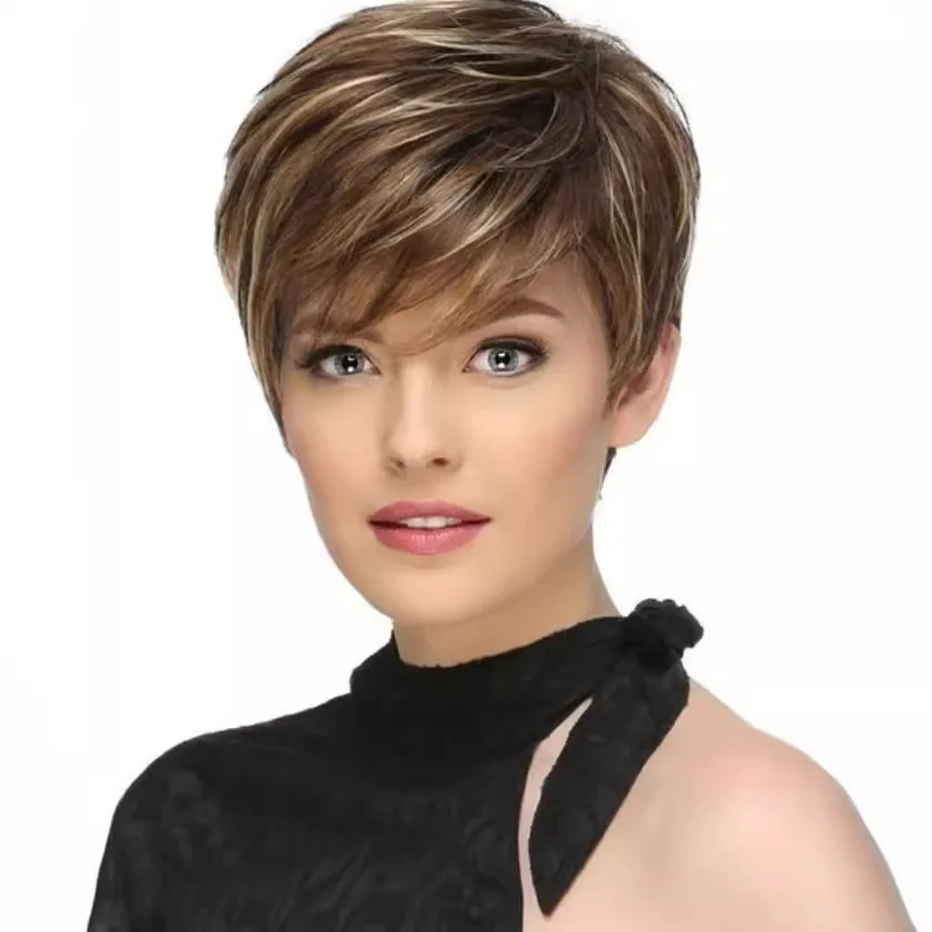 

Wig Women Natural Peluca Synthetic Hair with silk wig bangs at high temperature for daily Brown gradient