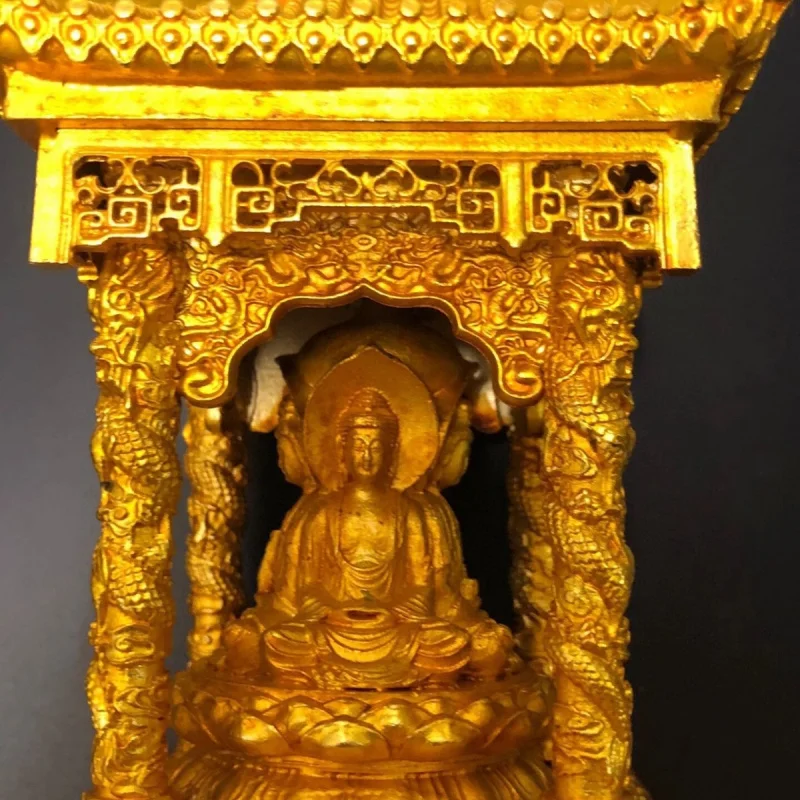 Antique vintage copperware collection: gold-plated and gilded four-sided , Maitreya , pavilion Buddha, Guanyin with