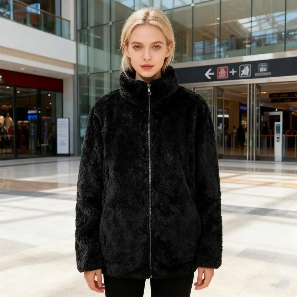 Comfortable Winter Sweatshirt Women’s Fuzzy Fleece Jacket with Pockets Long Sleeve Sherpa Coat Soft Stand Collar Zip for Fall